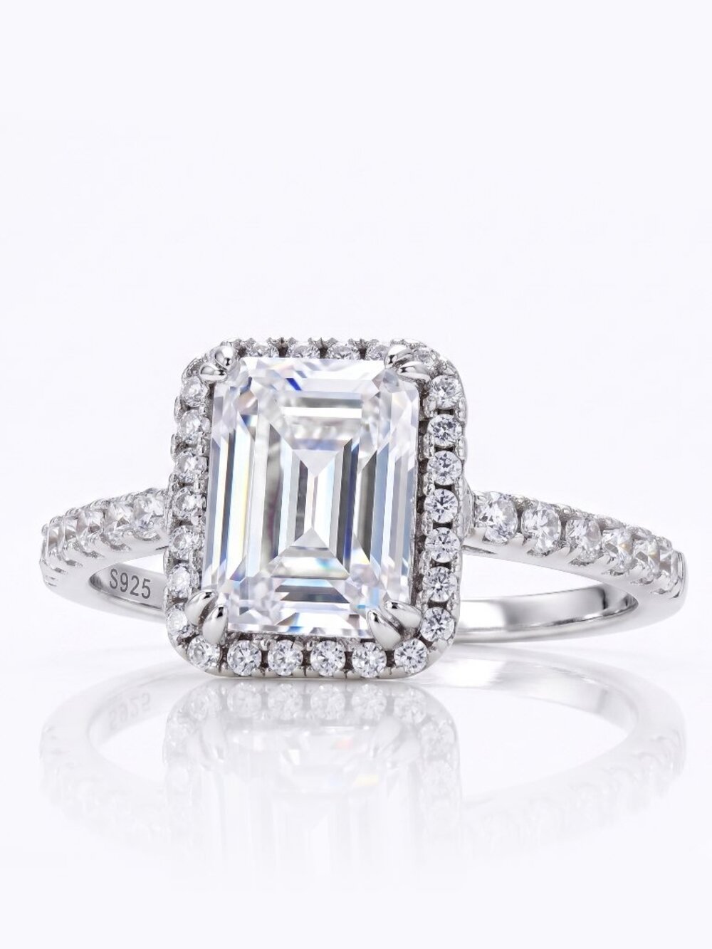 Emerald Cut Halo gemstone ring, 925 Sterling Silver
